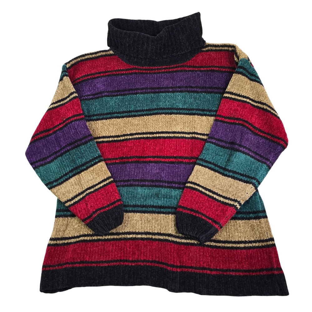 Dana Scott Striped Chenille Sweater Womens Large Multicolor Turtleneck Vintage‎
